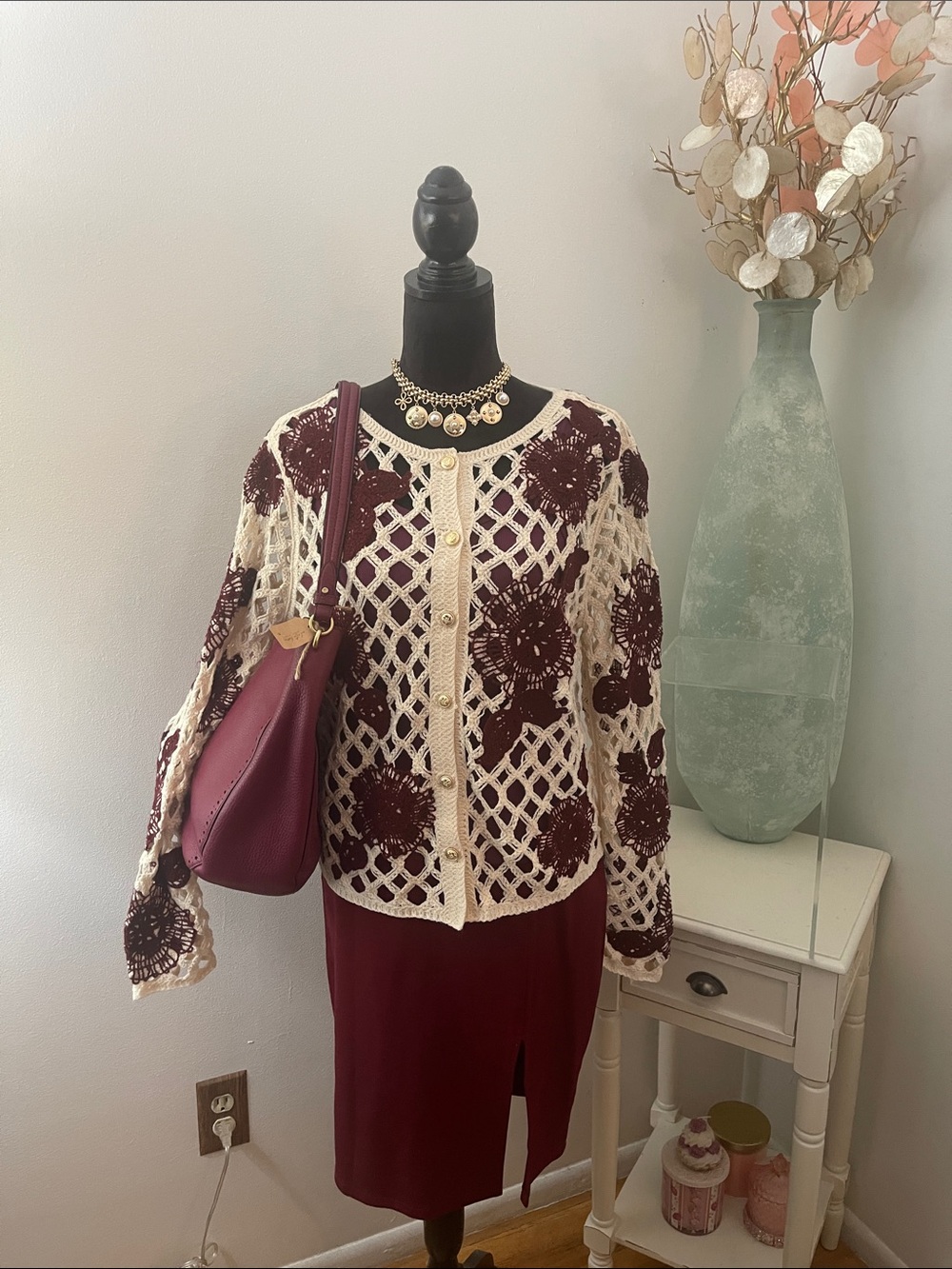 Open-Knit Floral Button-Front Cardigan in Cream & Burgundy